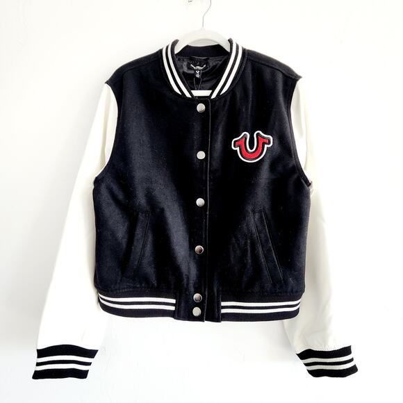 True Religion Black & White Varsity Jacket Button Up Vintage Style Sz Large - Picture 1 of 7